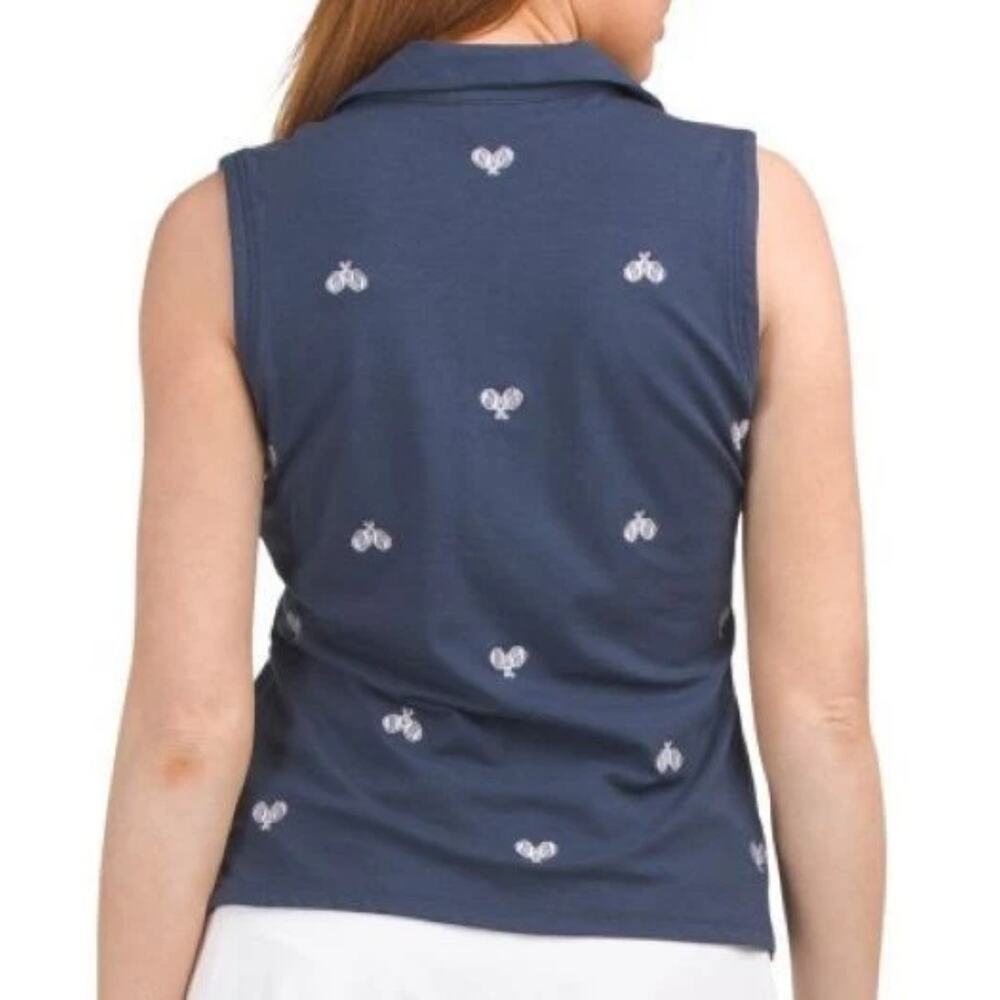 Sigrid Olsen Womens Sleeveless Quarter Zip Collared Embroidered Top Size XL Navy - Picture 2 of 10